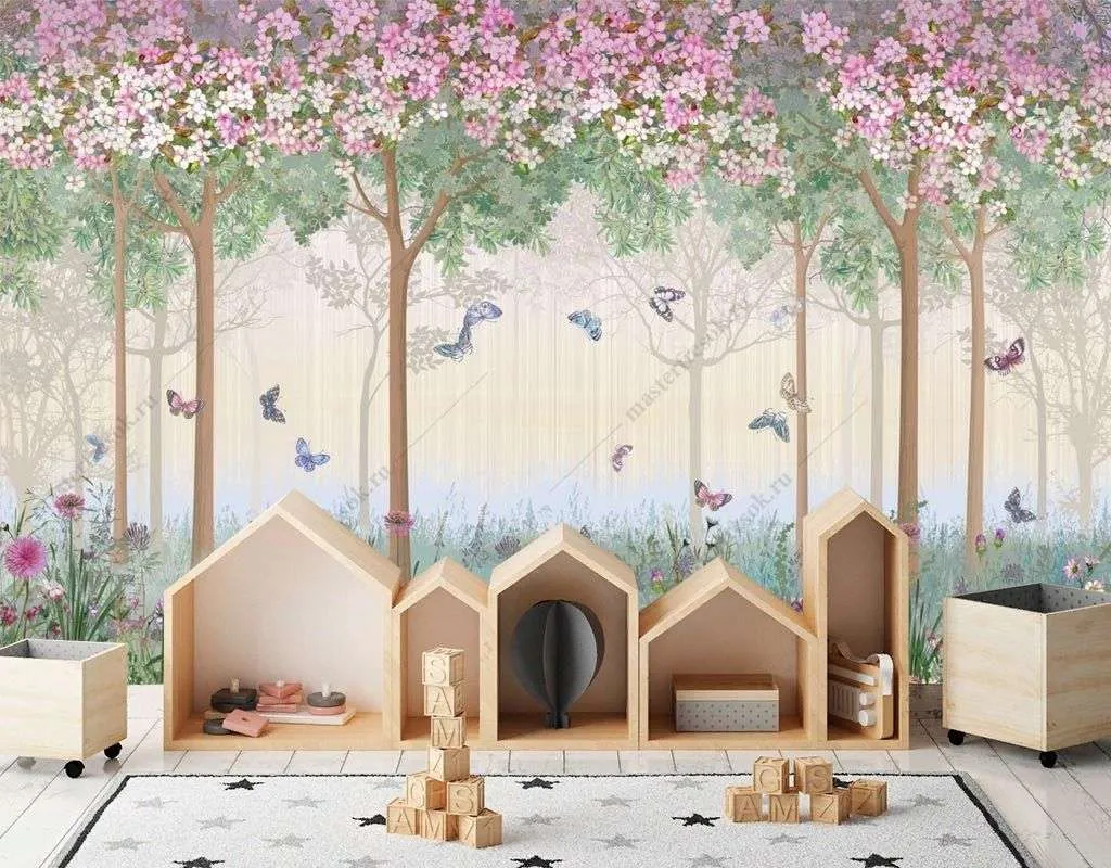 Фотообои в интерьере волшебный лес с бабочками  12-1504 фото