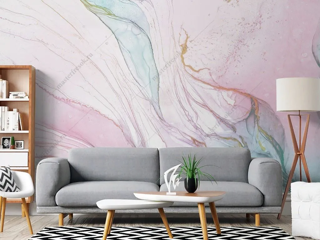 Фотообои в интерьере флюид арт легкий розовый с голубым   14-703 фото
