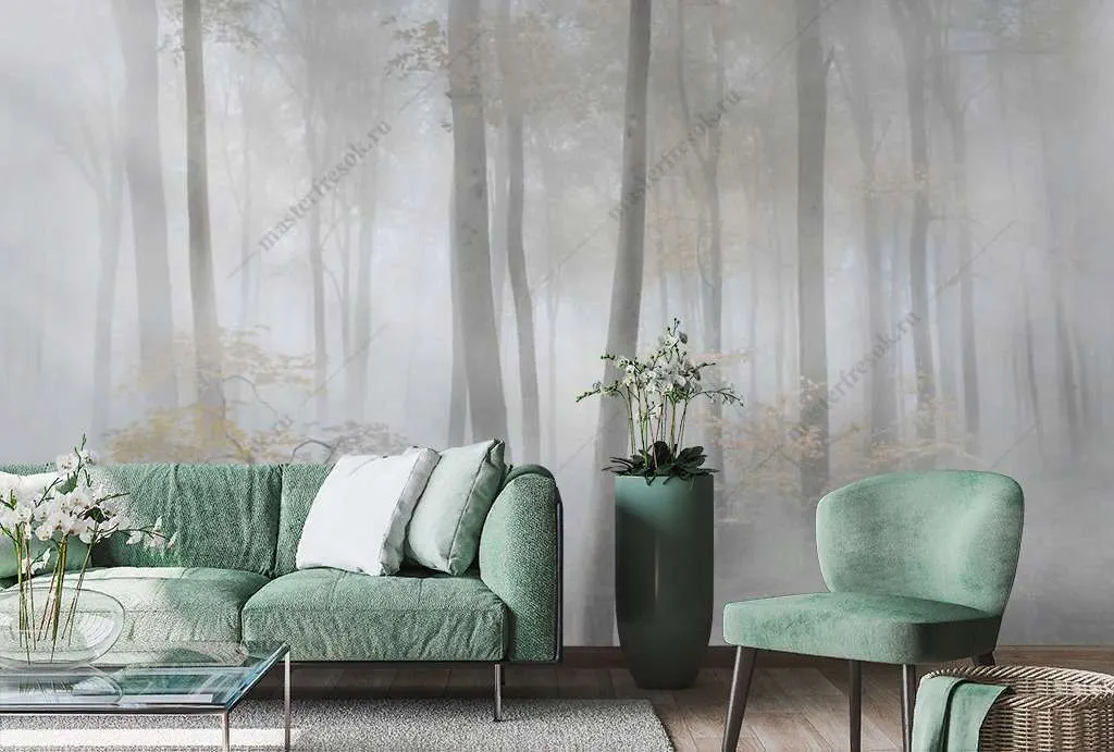 Фотообои Бесшовные обои на стену:  Зеленый лес в тумане. Артикул: 13-355  