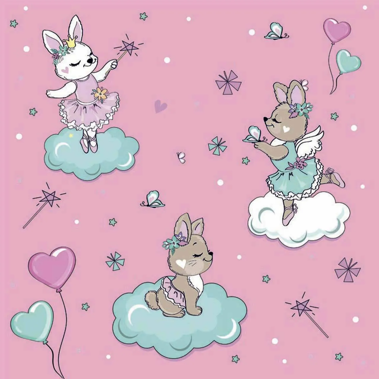 Фотообои в интерьере зверята на облаках на розовом фоне  12-419 фото