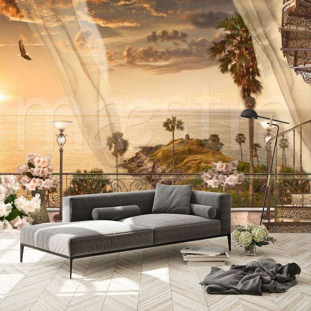 Фотообои в интерьере закат на террасе у моря  6-019 фото