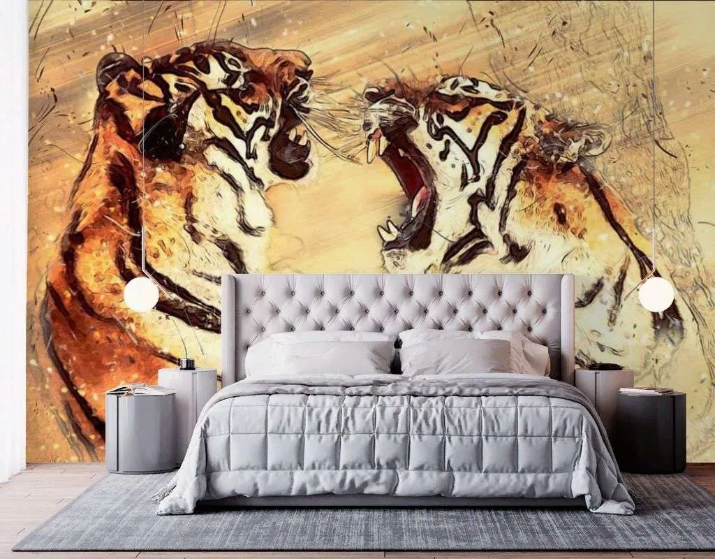 Фотообои в интерьере спор тигров  17-4179 фото