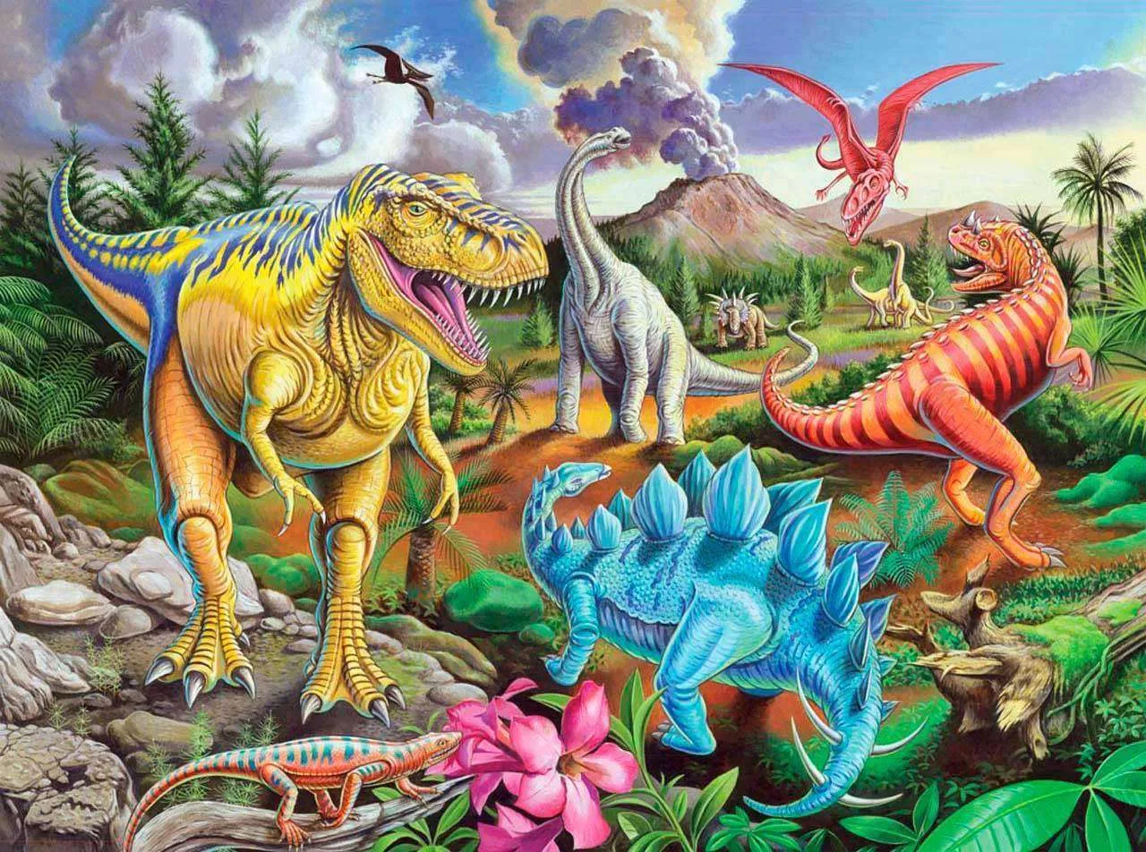 Фотообои в интерьере динозавры и вулкан  8-323 фото