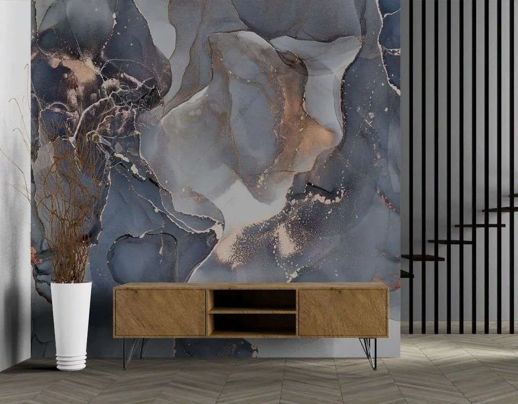 Фотообои в интерьере бронзовые переливы на серо-синем фоне  9-1650 фото