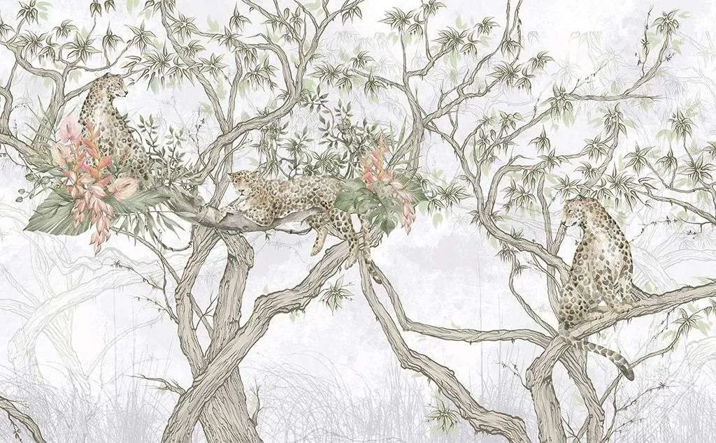Фотообои в интерьере леопарды китайская живопись  14-448 фото
