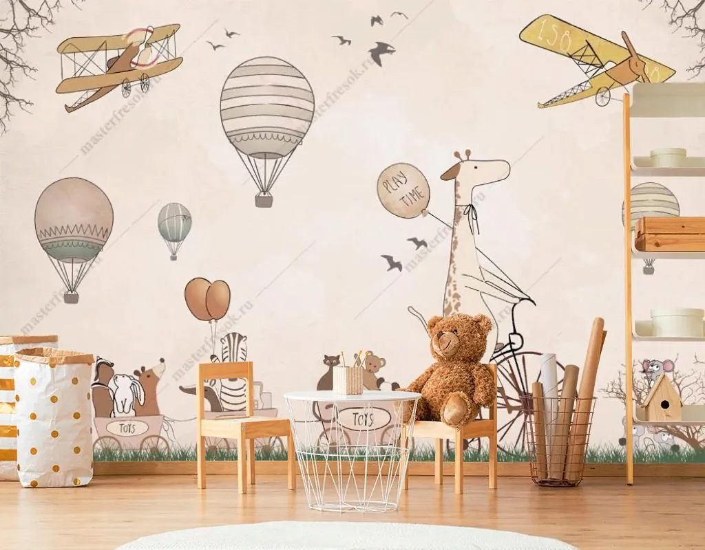 Фотообои в интерьере жираф на велосипеде с друзьями  14-695 фото