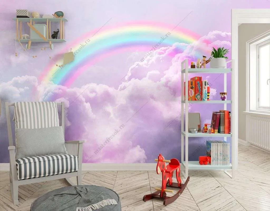 Фотообои в интерьере радуга в облаках  14-358 фото