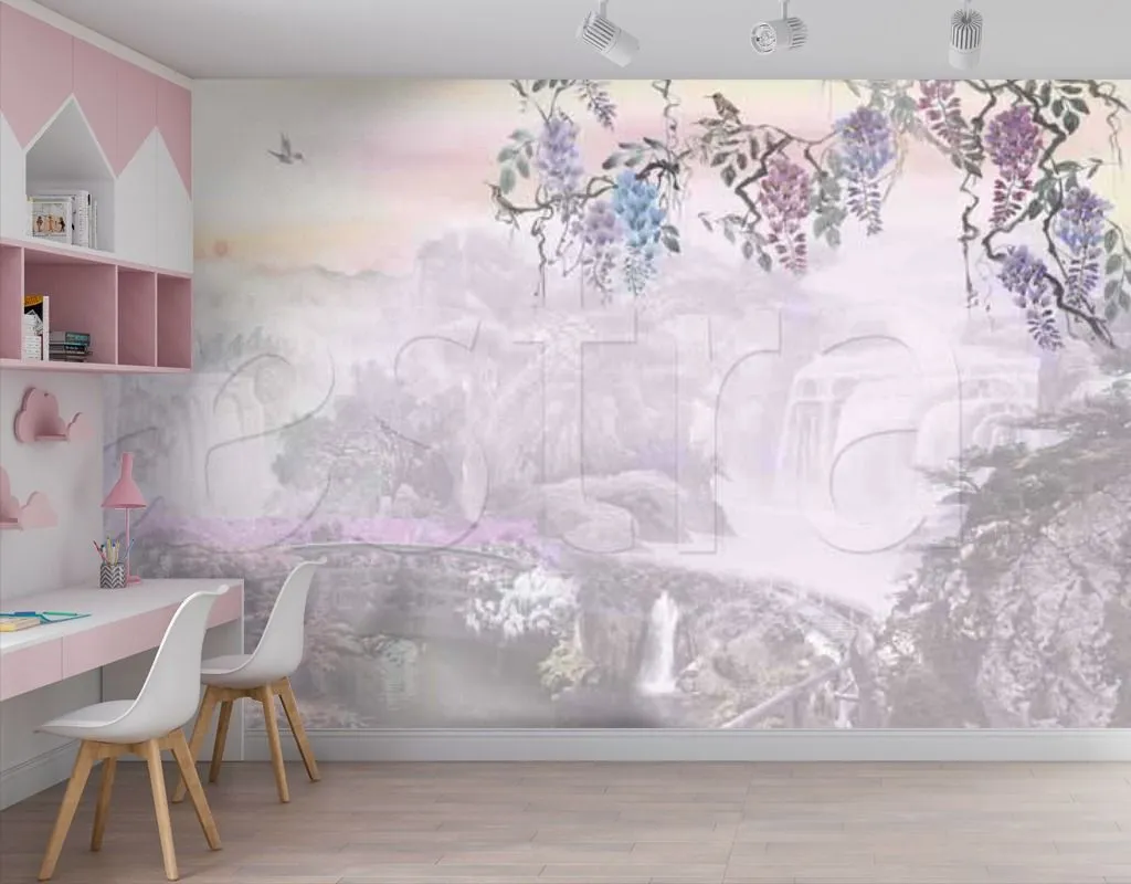 Фотообои в интерьере дерево в фиолетовом тумане  7-413 фото