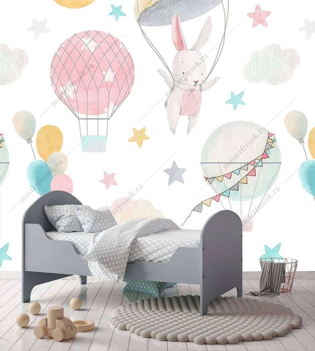 Фотообои в интерьере воздушные шары и зайцы  12-737 фото