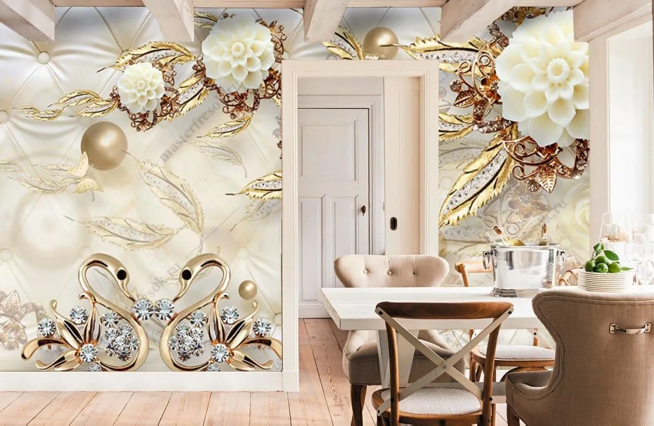 Фотообои в интерьере 3д цветы золотые  10-897 фото