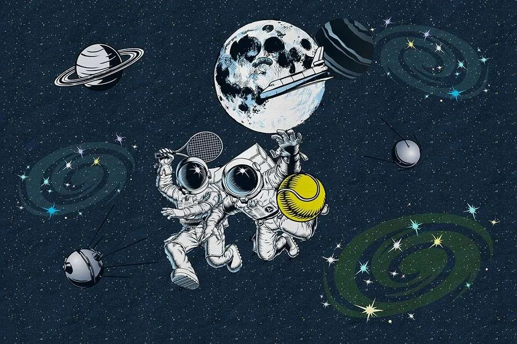 Фотообои в интерьере в детскую: космонавты-теннисисты.   14-738 фото