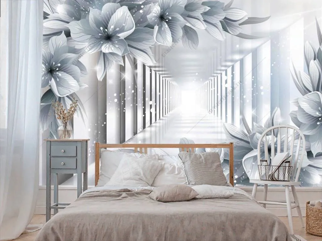 Фотообои в интерьере 3д белые цветы в тоннеле  10-852 фото
