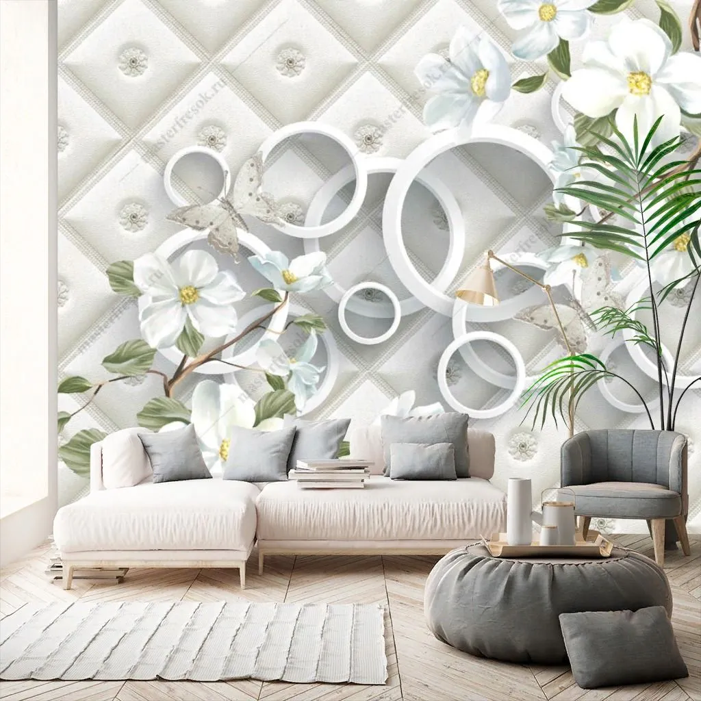 Фотообои в интерьере 3д белые круги с цветами  10-904 фото