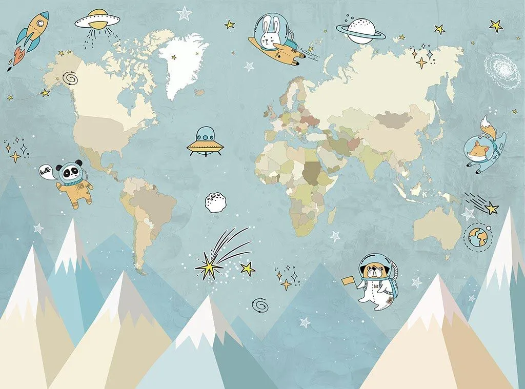 Фотообои в интерьере детская карта со зверятами в космосе  12-1527 фото