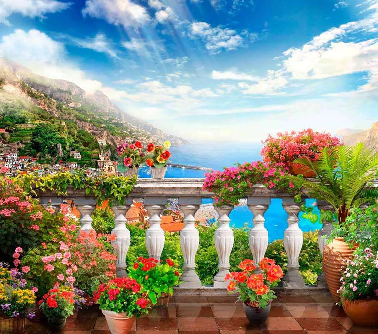 Фотообои в интерьере вид на набережную. и горы в солнечный день  11-114 фото