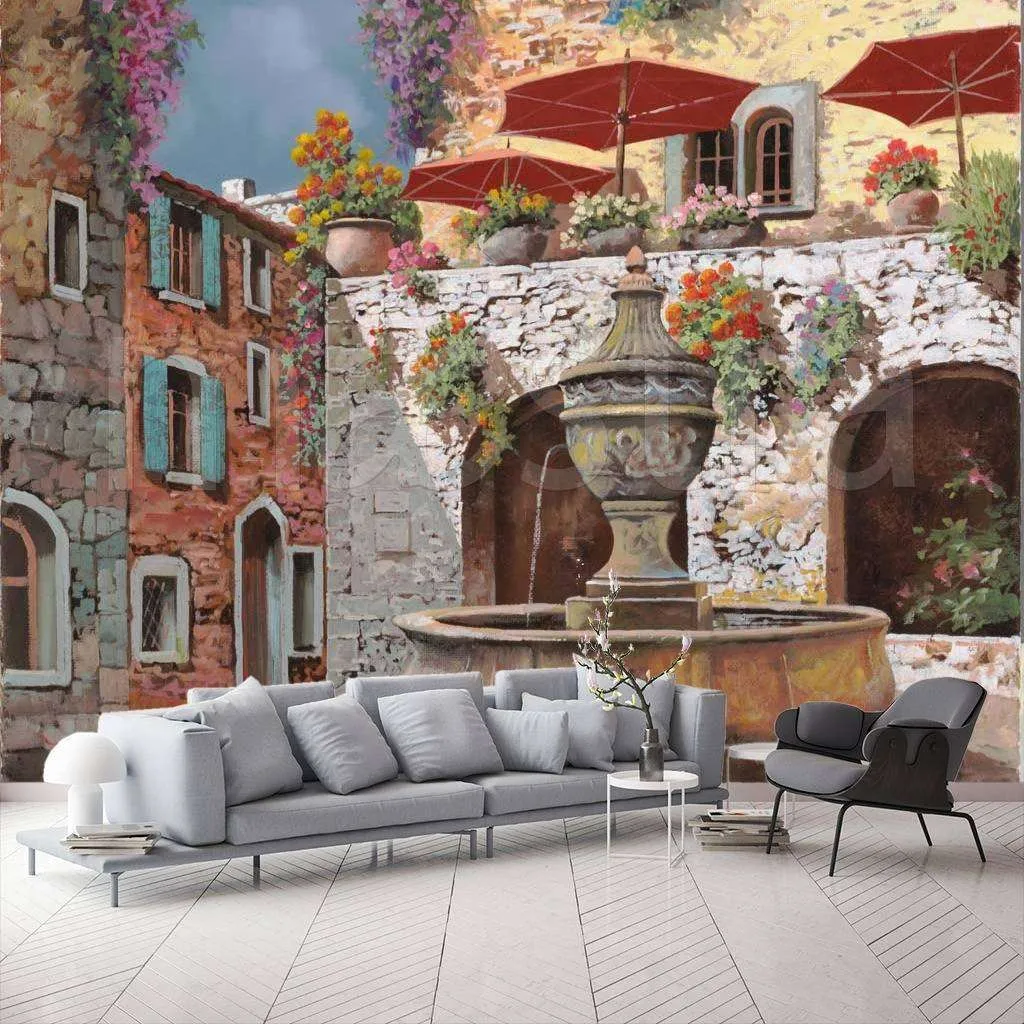 Фотообои в интерьере кафе у фонтана  8-016 фото