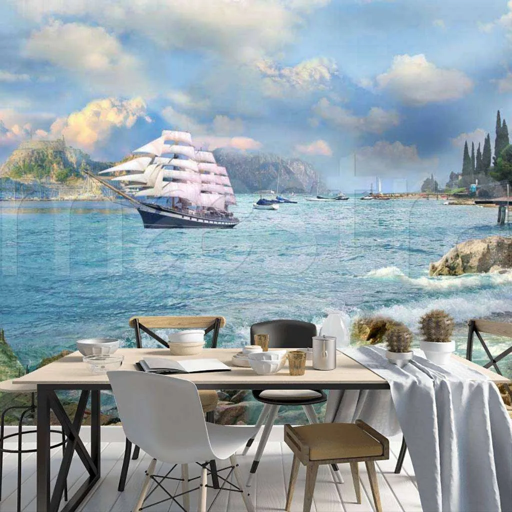 Фотообои в интерьере с видом на море и горы  7-114 фото