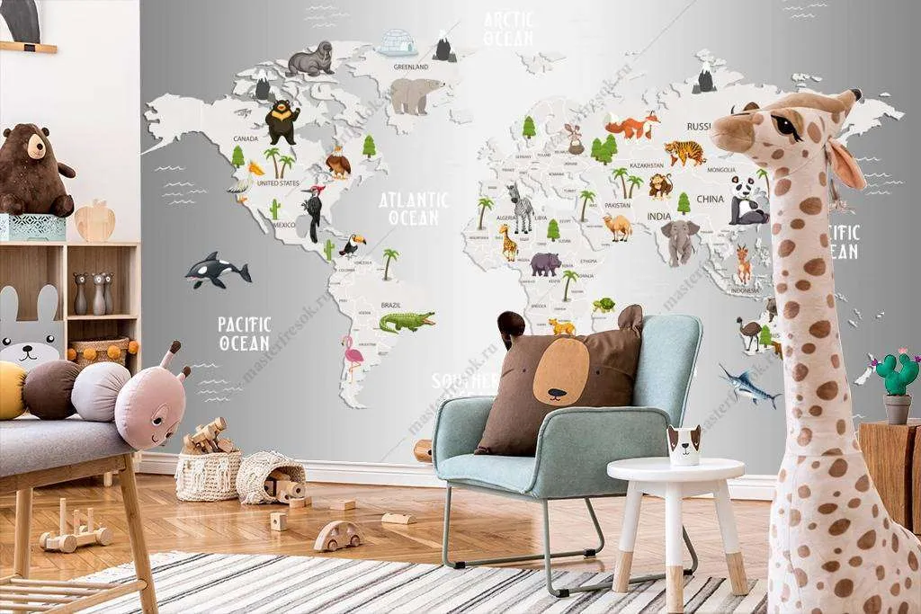 Фотообои в интерьере карта мира зеркальная  12-785 фото