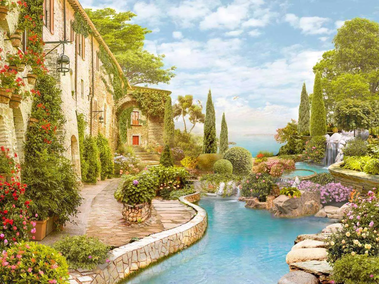 Фотообои в интерьере городской канал с цветами  7-440 фото