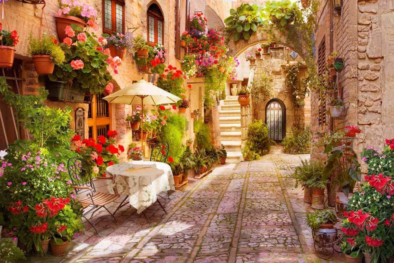 Фотообои в интерьере улица старого города в цветах  7-275 фото