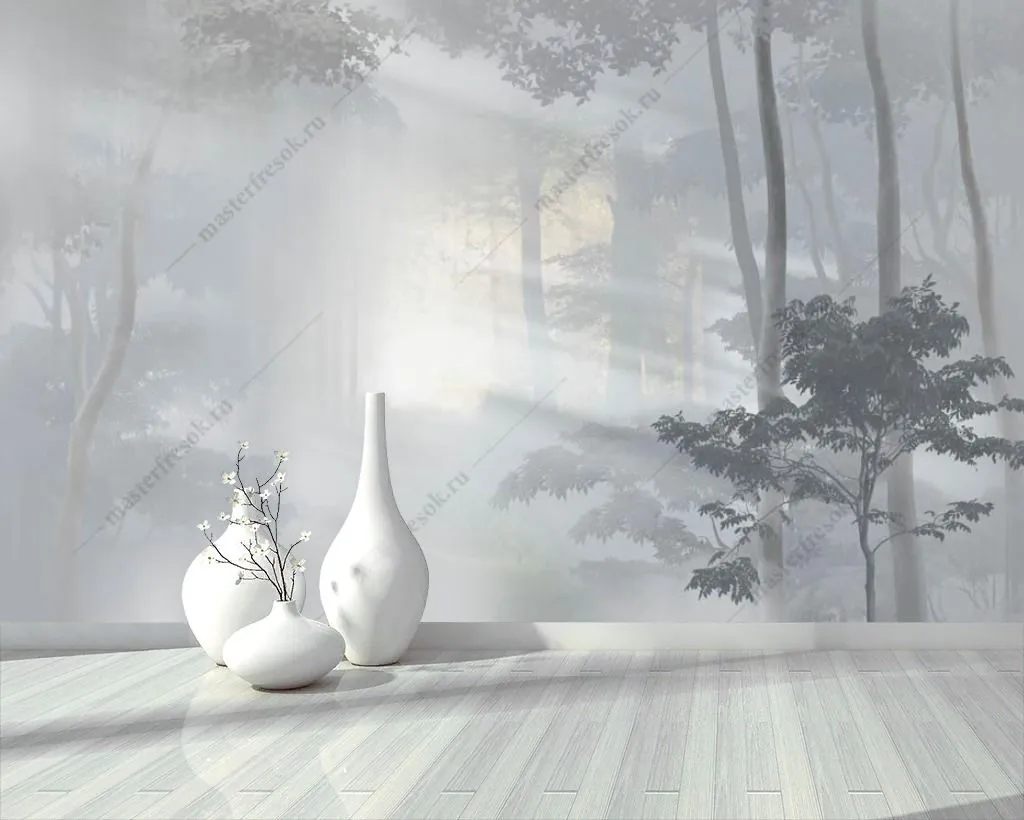 Фотообои в интерьере солнечный туманный лес  13-354 фото