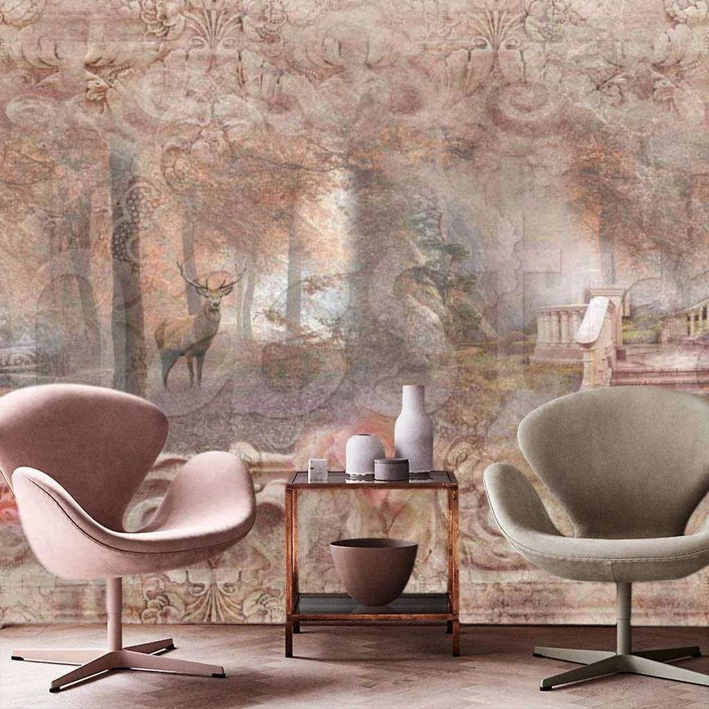 Фотообои утренний лес сад в розовых тонах  7-322