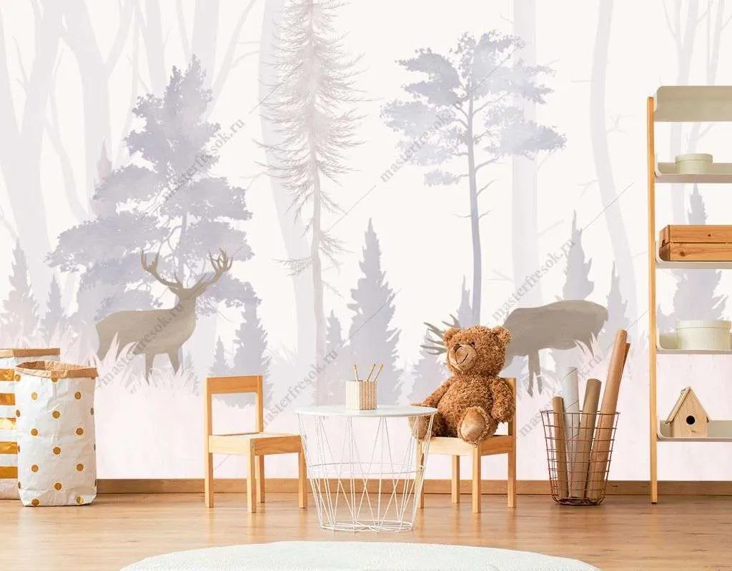 Фотообои в интерьере лес светлый с оленями  14-359 фото