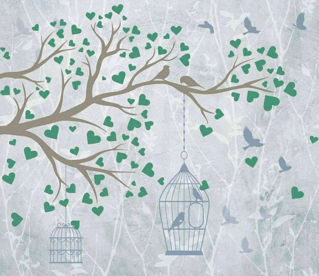 Фотообои в интерьере ветка с клеткой и птицами зеленая  7-612 фото