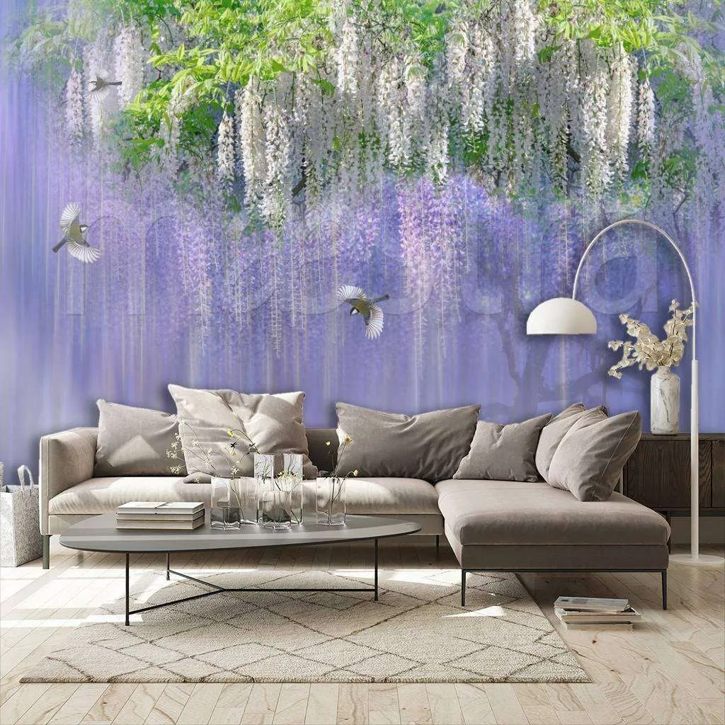 Фотообои в интерьере сиреневое цветущее дерево  7-910 фото