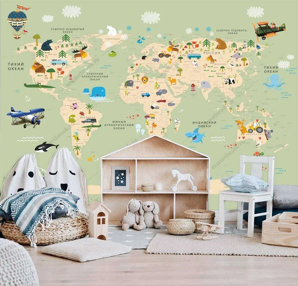 Фотообои в интерьере карта мира на русском зеленая  12-995 фото