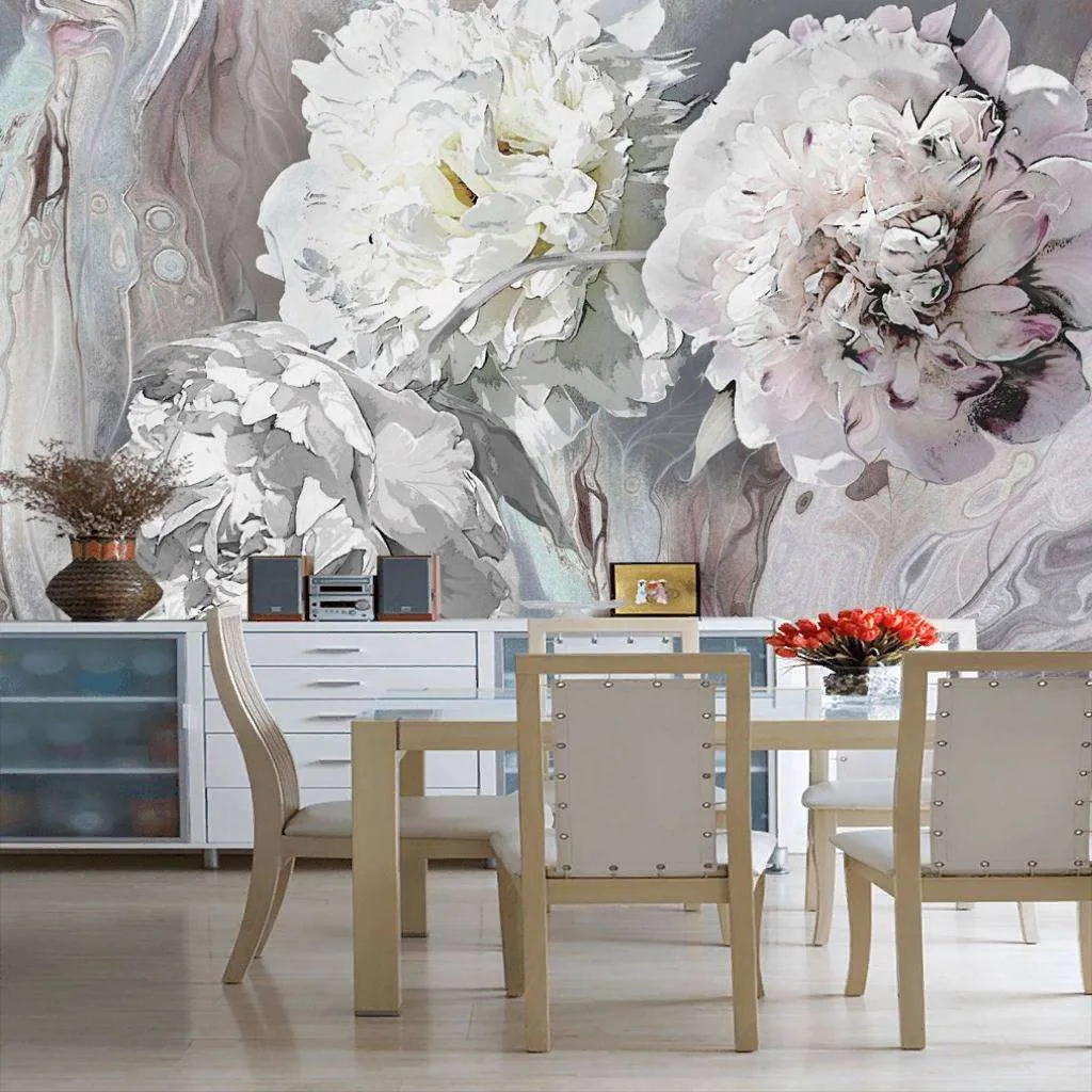 Фотообои в интерьере пионы 3д серые  13-230 фото