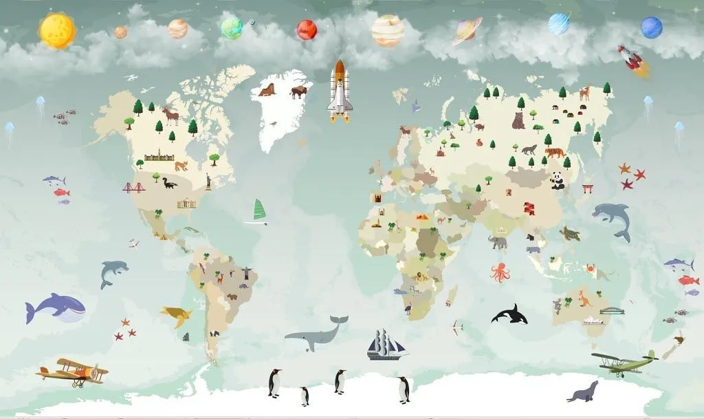 Фотообои в интерьере карта с планетами и животными в детскую  12-1513 фото
