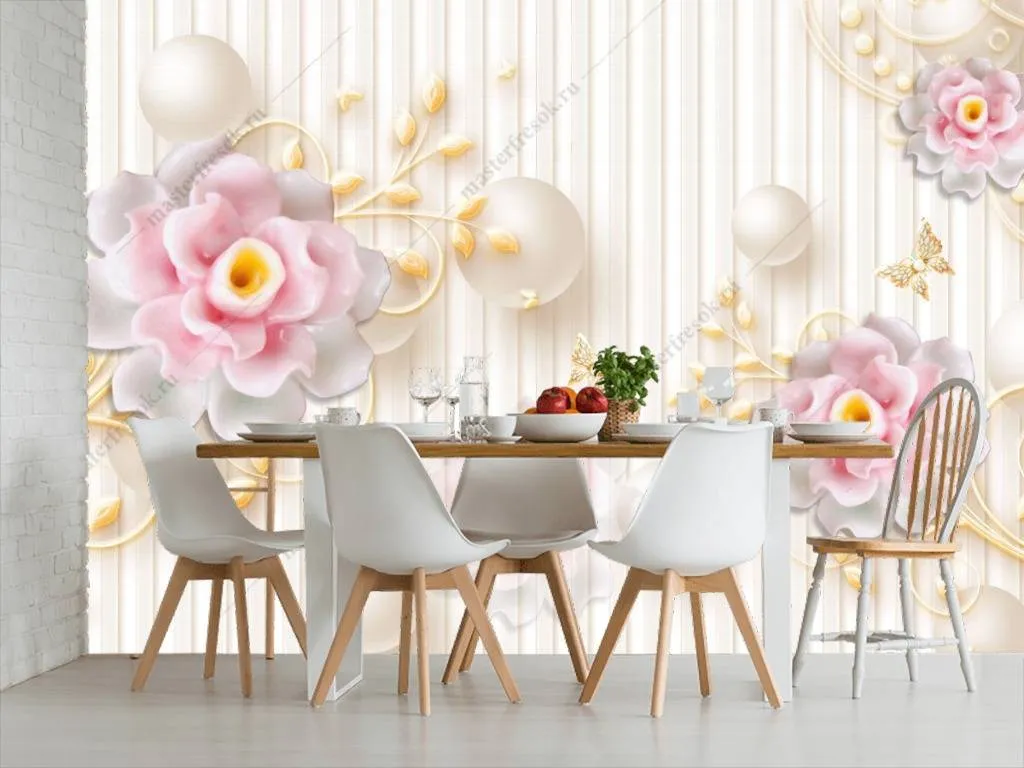 Фотообои в интерьере 3д цветы на полосках  10-669 фото