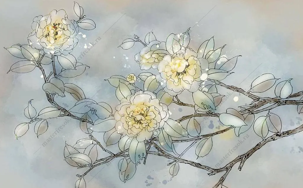 Фотообои в интерьере объемные цветы на ветке  15-975 фото