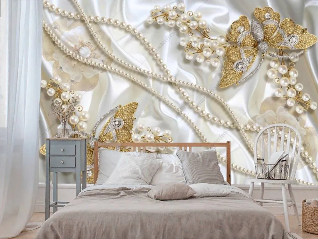 Фотообои в интерьере 3д золотые бабочки  10-856 фото