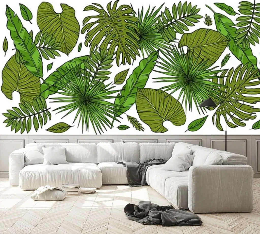 Фотообои в интерьере тропические листья фон  14-776 фото