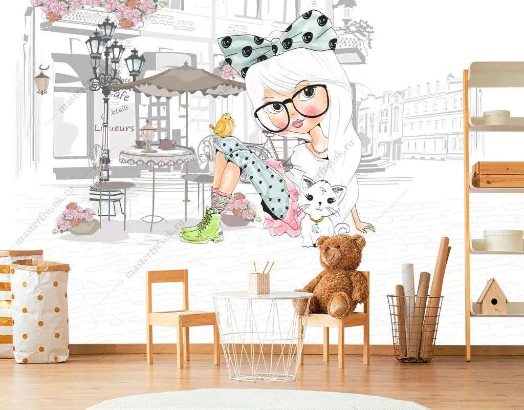 Фотообои в интерьере модная девочка в кафе  14-274 фото