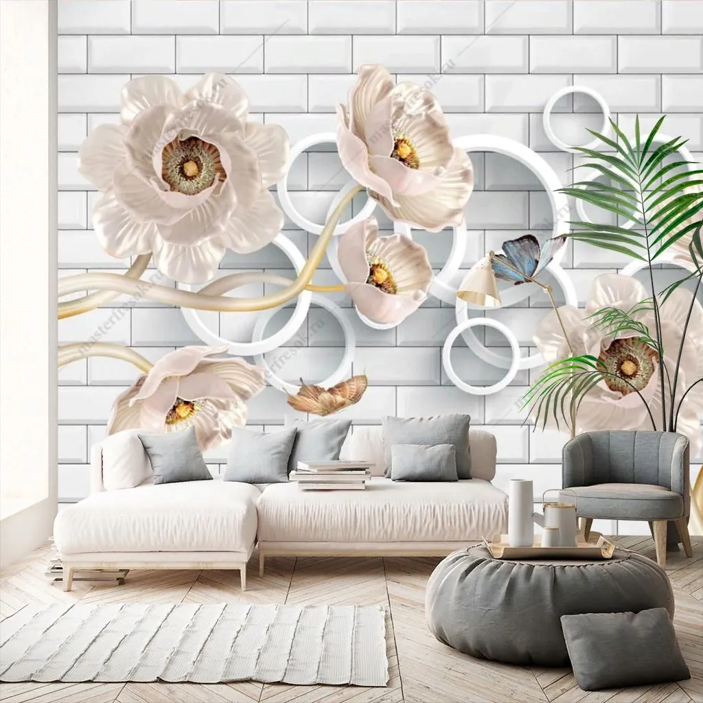 Фотообои в интерьере 3д бежевые цветы на стене  10-906 фото