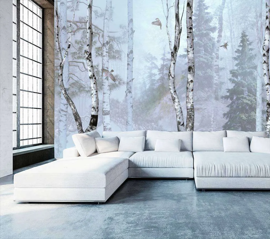 Фотообои в интерьере птицы в березовом лесу  13-073 фото