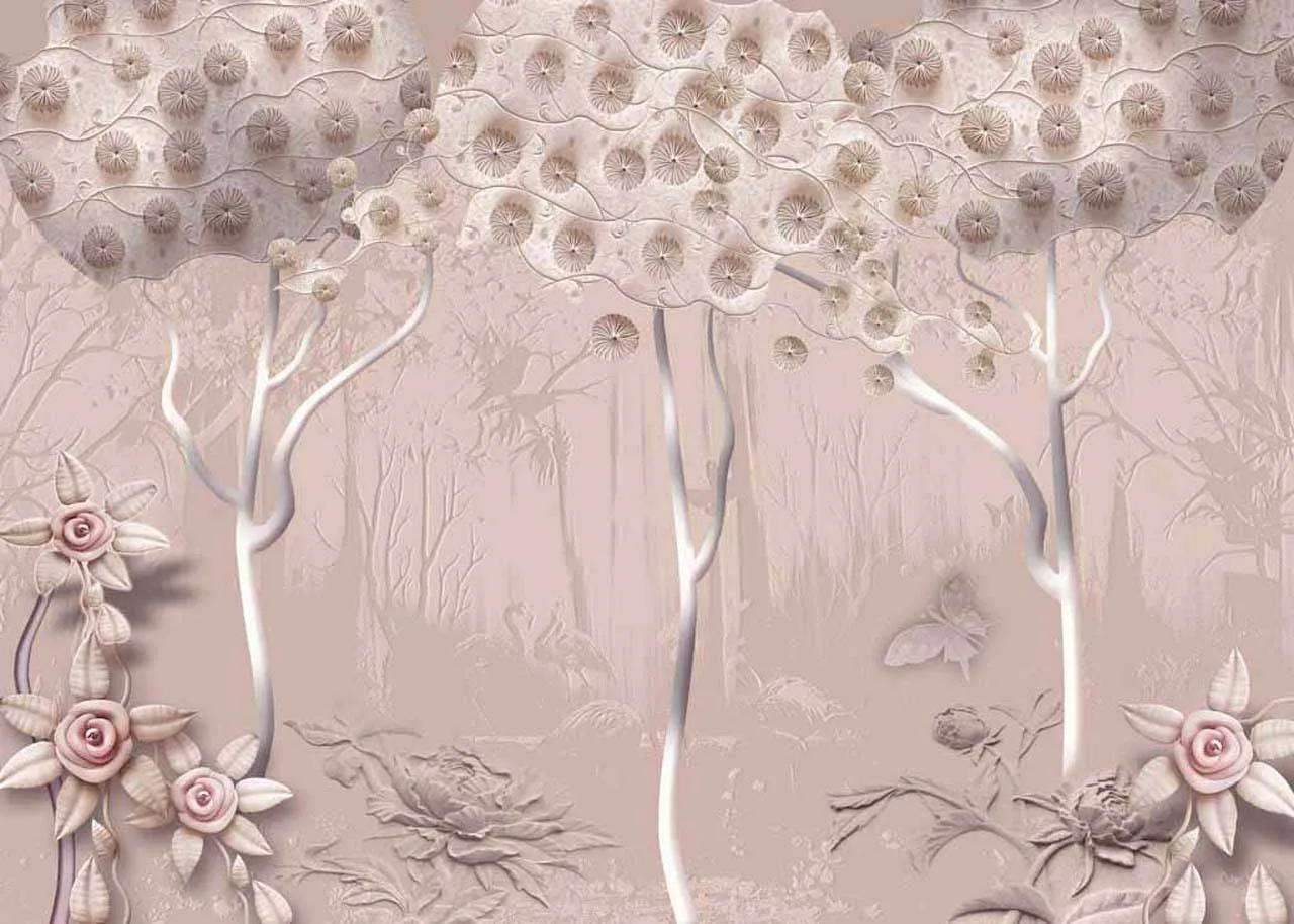 Фотообои в интерьере цветущий сад в серых тонах  7-420 фото