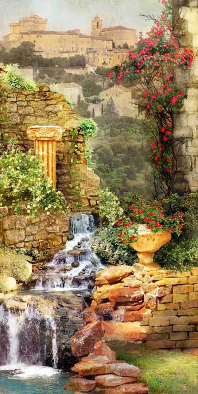 Фотообои в интерьере водопад у старинного города  11-072 фото