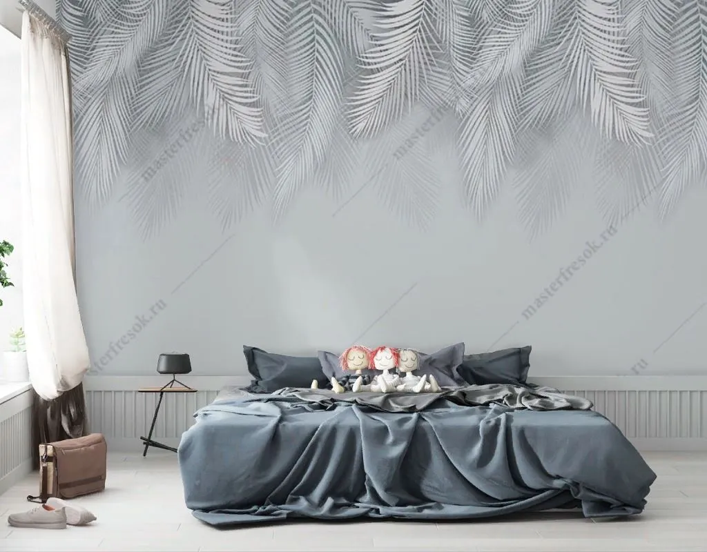 Фотообои в интерьере листья пальмы пушистые серые  14-672 фото