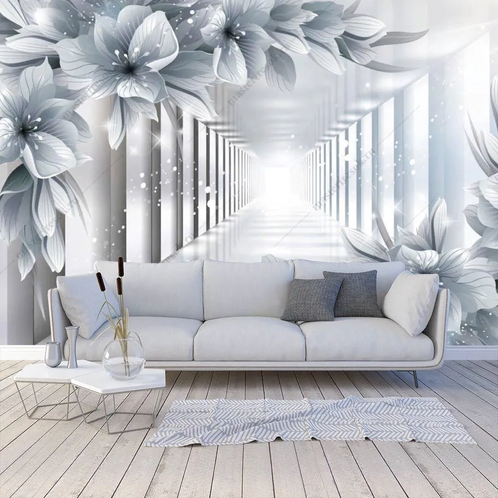 Фотообои в интерьере 3д белые цветы в тоннеле  10-852 фото