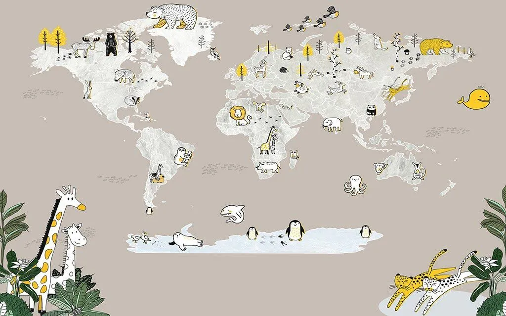 Фотообои в интерьере карта для малышей с милыми зверятами  12-1543 фото