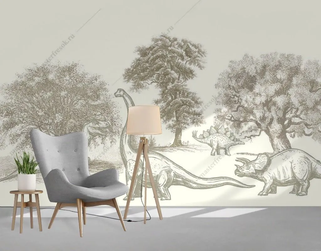 Фотообои в интерьере гравюра с динозаврами в детскую  12-1559 фото
