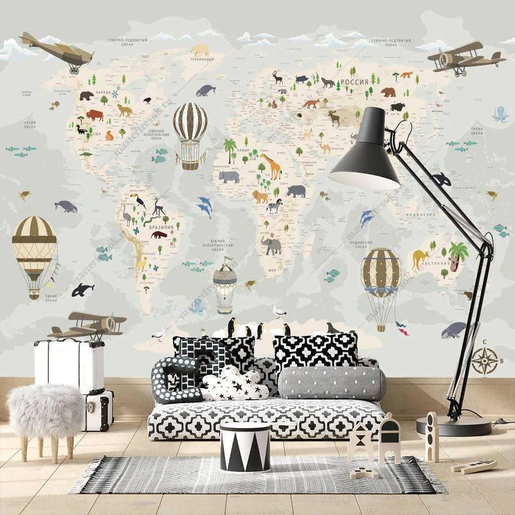 Фотообои в интерьере карта мира с морскими жителями  12-1187 фото