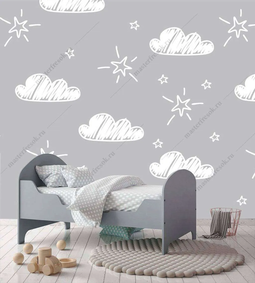 Фотообои в интерьере облака белые на сером  12-704 фото
