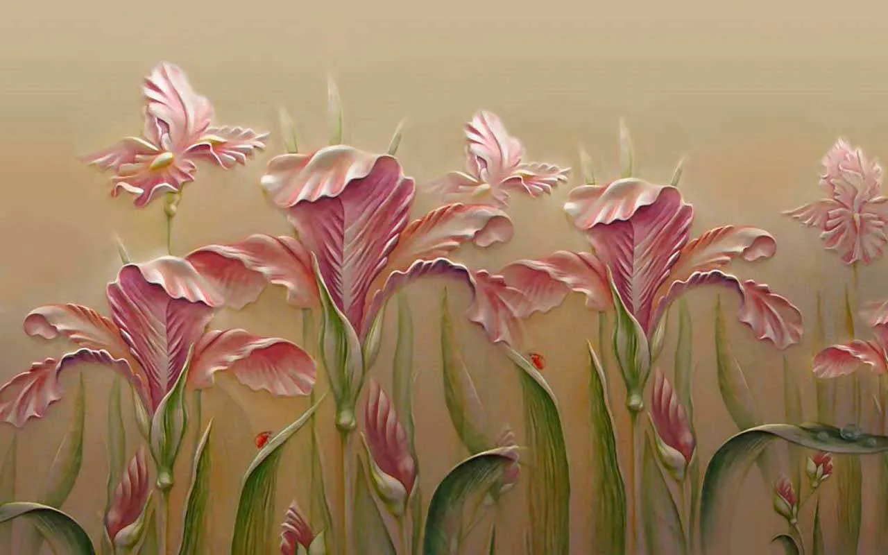 Фотообои в интерьере розовые 3д цветы на серо-коричневом фоне  10-522 фото