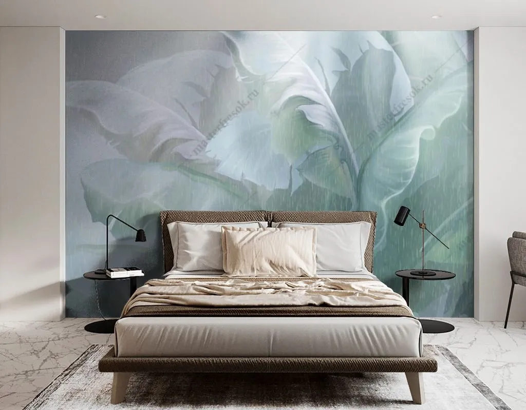 Фотообои в интерьере зеленые листья банана  13-457 фото