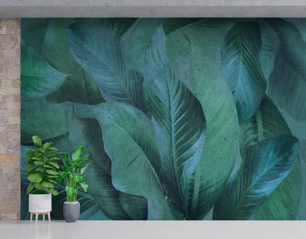 Фотообои в интерьере зеленые тропические листья  13-399 фото